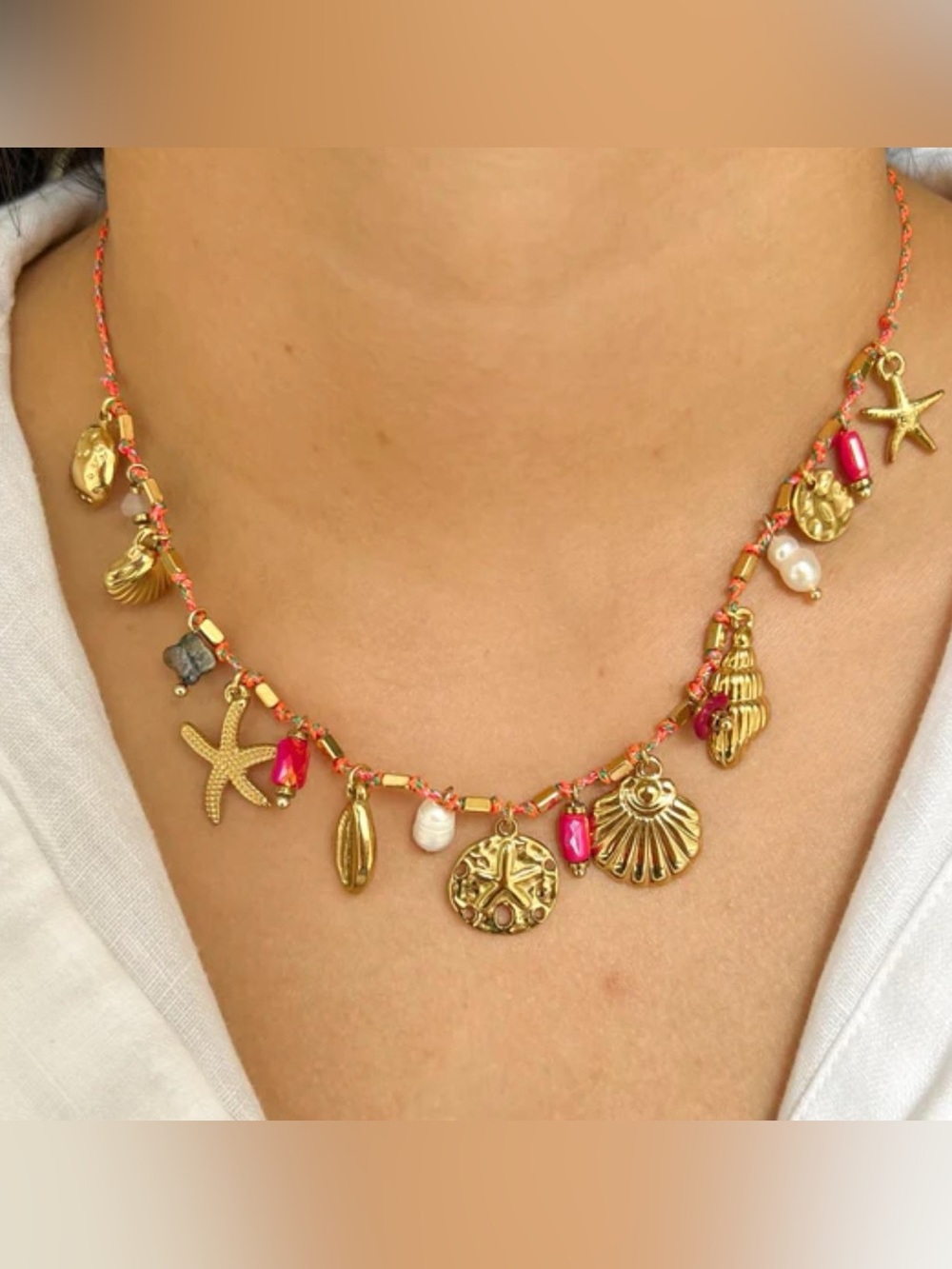 Gold Sea Charm Necklace with Pink Accents
